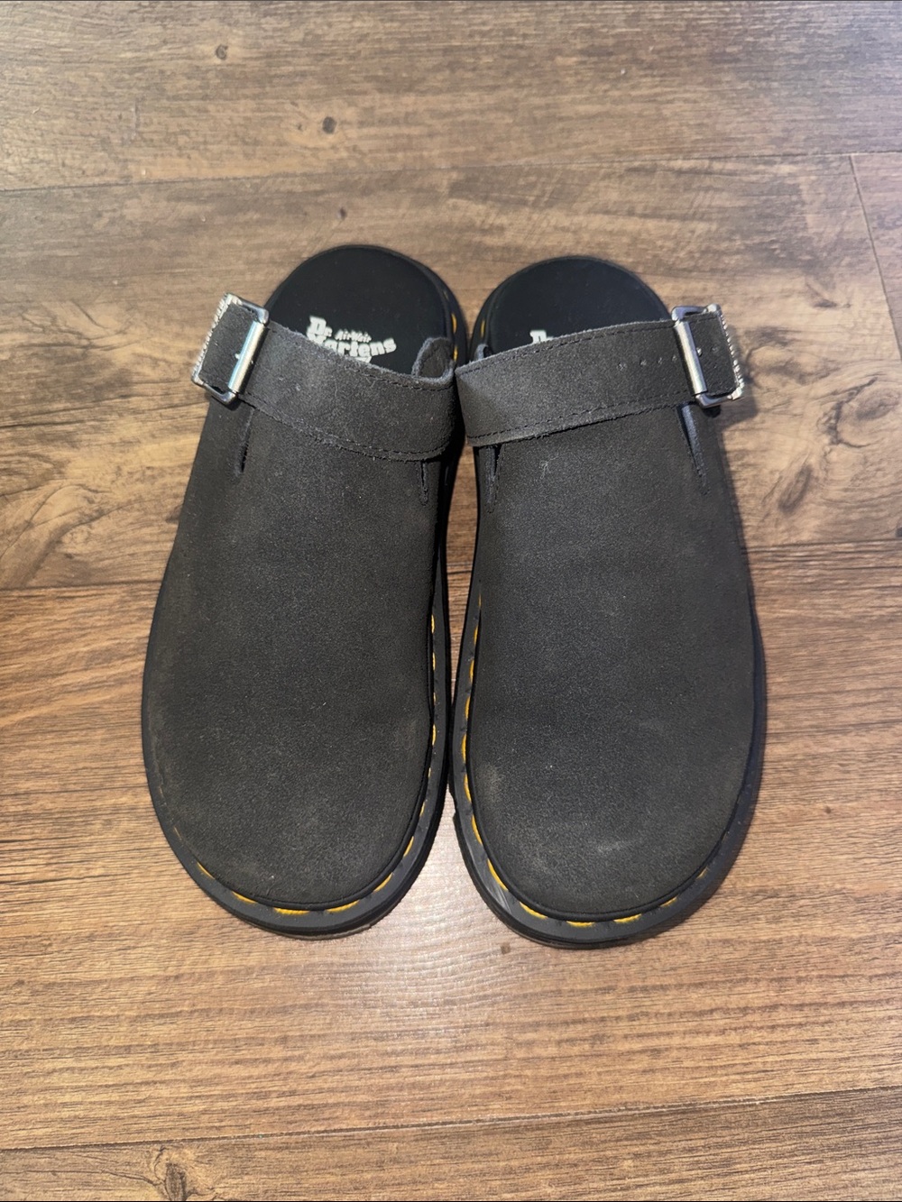 Dr. Martens Black Suede Buckle Mule Clogs with Yellow Stitching